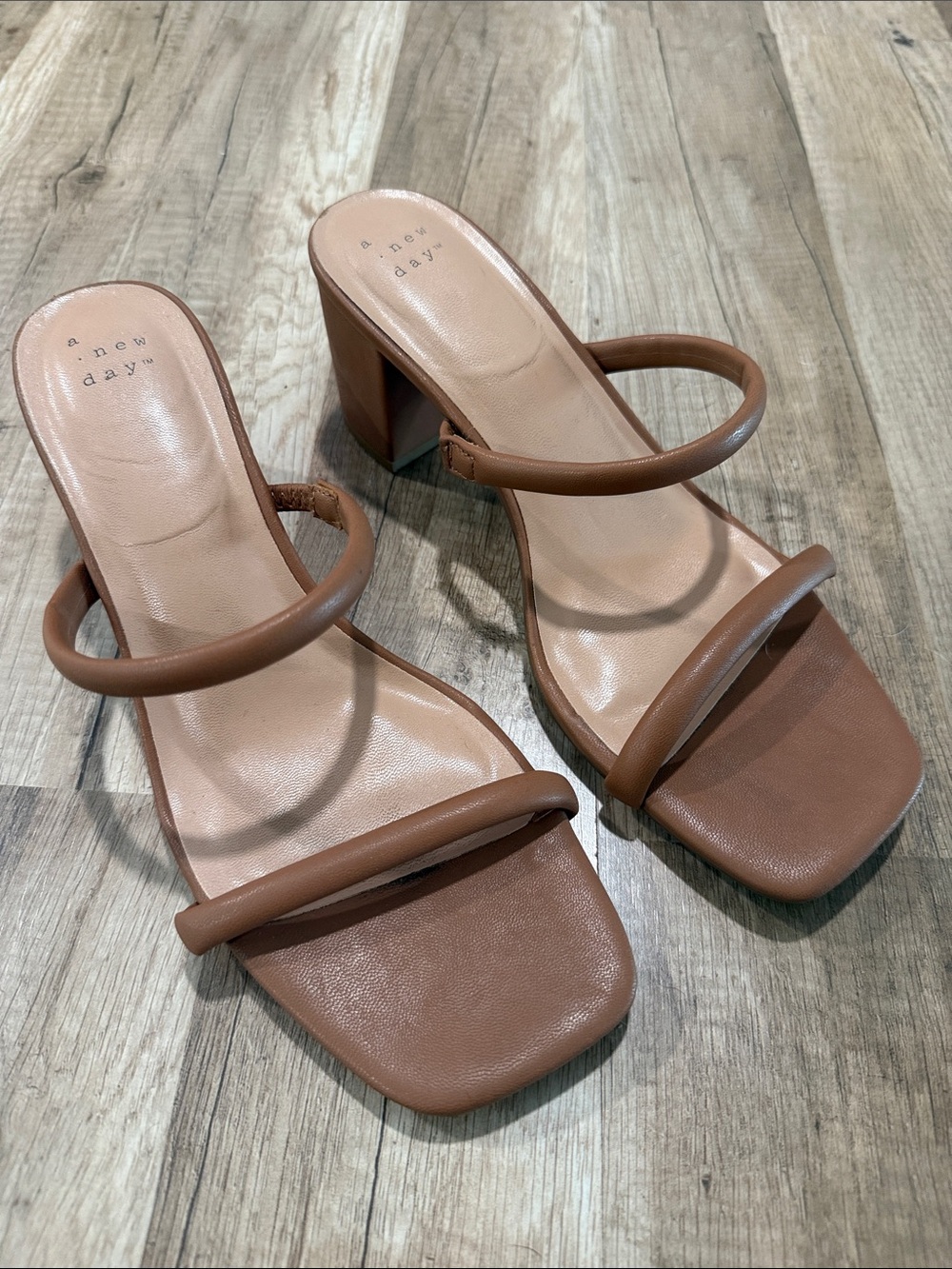 a new day Tan Double-Strap Square Toe Block Heel Sandals 8